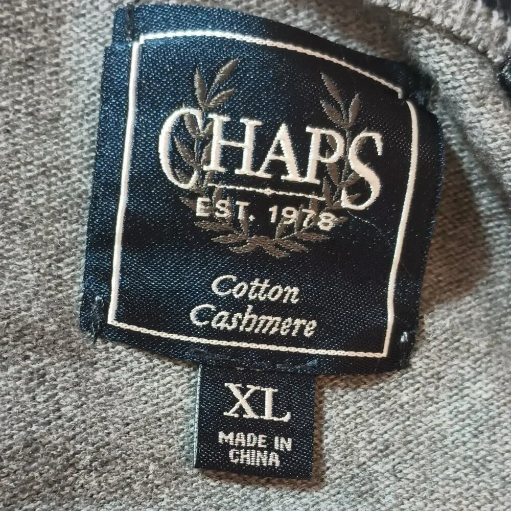Chaps Men's Gray V Neck Sweater XL Cotton & Cashmere Blend Pullover
